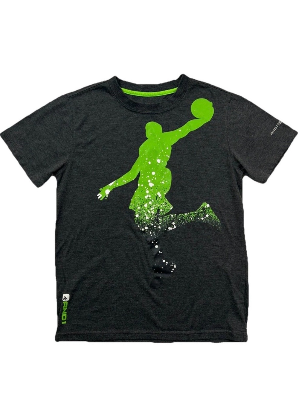 ⭐️ AND1 Boys Performance Athletic Activewear Graphic Shirt Black Green M 8